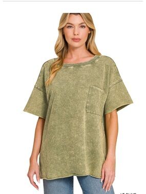 Zenana French Terry Washed Dropped Shoulder Raw Edge Top Light Olive S/M, L/XL